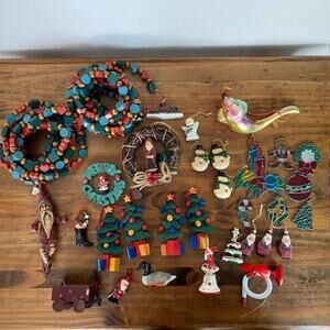 Vintage Wooden Christmas Ornament Lot - Plus 2 Garlands - Retro